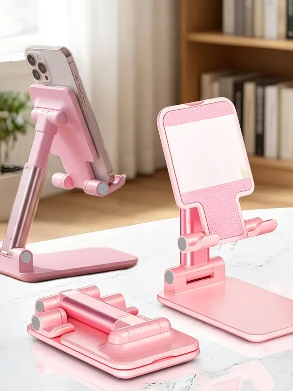 Adjustable Pink Tablet & Phone Stand - Portable Desktop Holder W/Makeup Mirror
